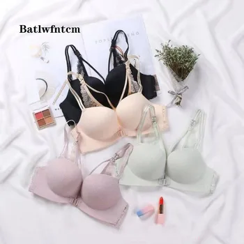 

New Non-Steel Ring Front Buckle Breathable Beauty Back Underwear Lace Edge Gathered Girl's Bra Porous Thick Bra