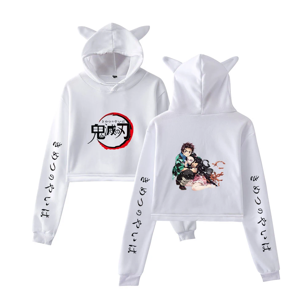Demon Slayer сексуальные толстовки с принтом женские Забавный короткий кошачий Топ Kawaii толстовки Толстовка Kimetsu no Yaiba одежда размера плюс