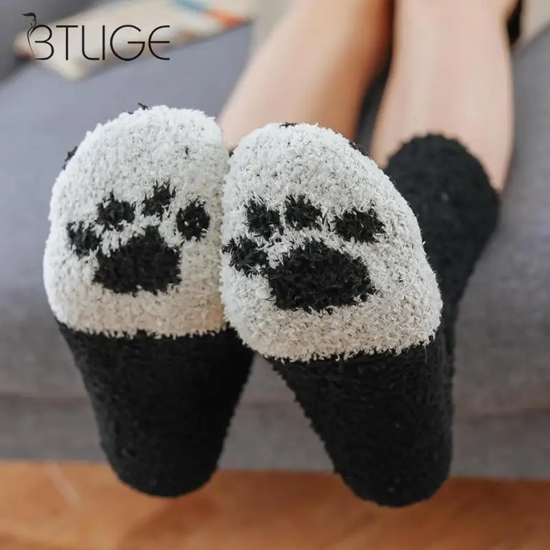 Осенне-зимние толстые теплые носки из кораллового флиса милые носки с принтом в виде лап кота носки для сна носки-Тапочки