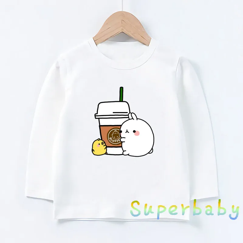 Molang and Piupiu/милый узор в виде кролика; футболка для маленьких мальчиков и девочек; Забавные топы с рисунками; детская футболка с длинными рукавами; LKP5217