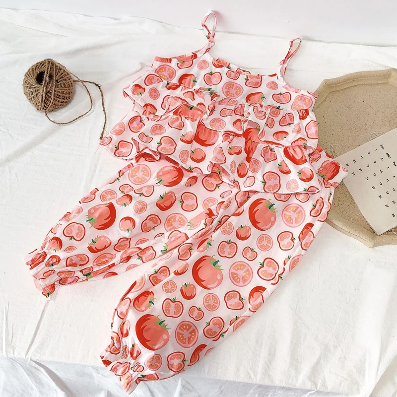 Summer Girls' Clothing Sets Fashion Chiffon Floral Top + Wide Leg Pants 2Pcs Suits Baby Kids Outfits Suit Children Clothing