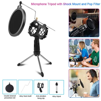 

Mini Desktop Microphone Tripod With Shock Mount Microphone Holder Filter For Studio Recording Broadcasting Singing Meeting