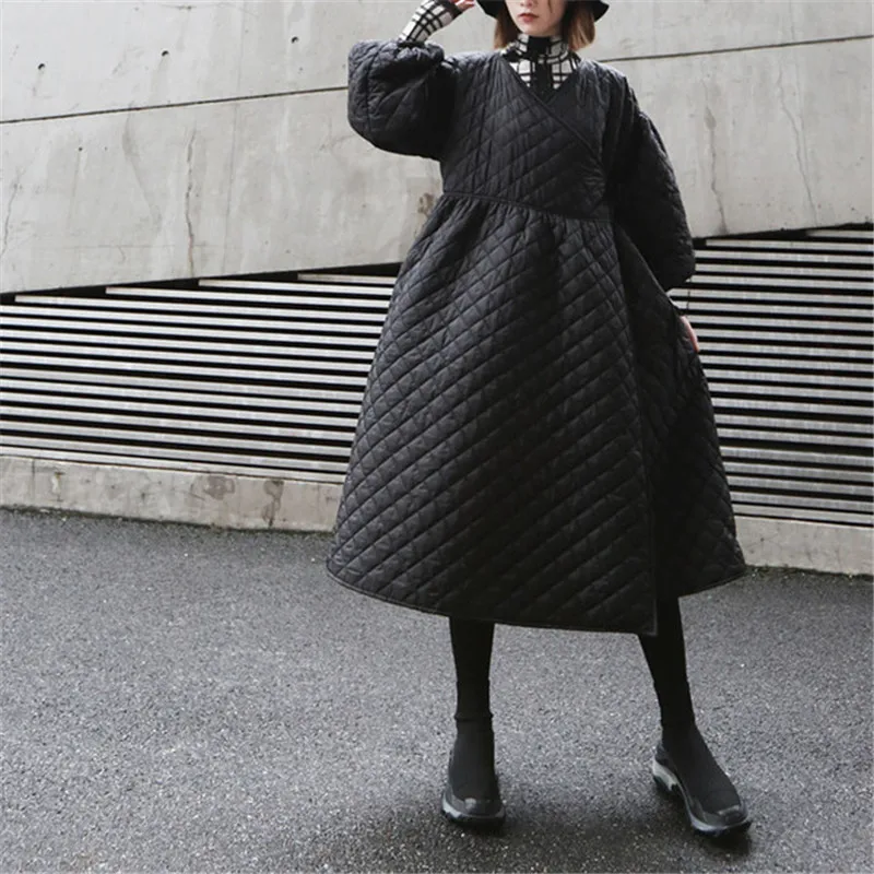 

2019 New Spring Winter V-collar 3/4 Sleeve Black Long Bandage Cotton-padded Coat Women Parkas Oversized Autumn Jacket Tops XA134