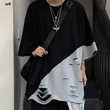 

NiceMix Fake two Pieces t shirt Short Sleeved Patchwork Grey Black Long Causal Loose tshirt harajuku tops for Couples ropa mujer