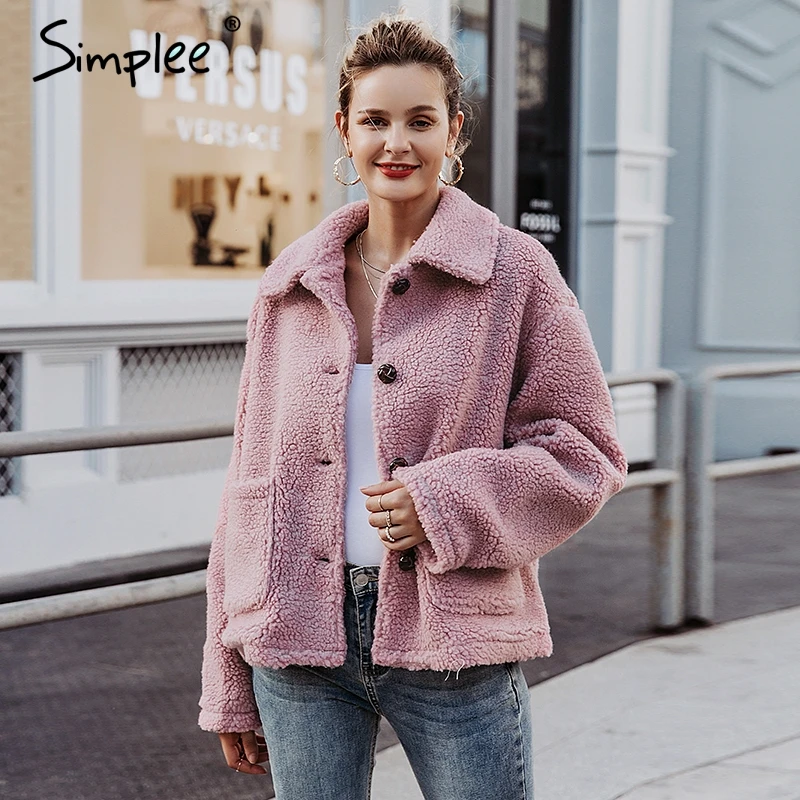 

Simplee Elegant women pink faux fur coat Autumn winter soft female jacket coat Long sleeve casual thick outwear ladies coat