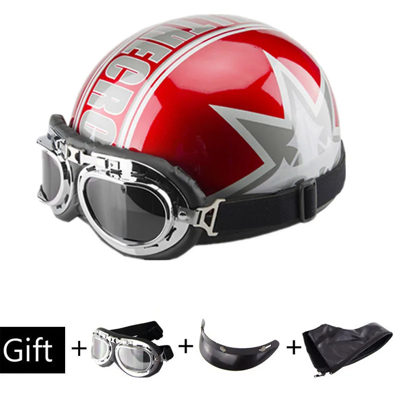 Мужской женский ретро мотоциклетный шлем, мотоциклетный шлем для улицы, мотоциклетный шлем с очками - Color: M