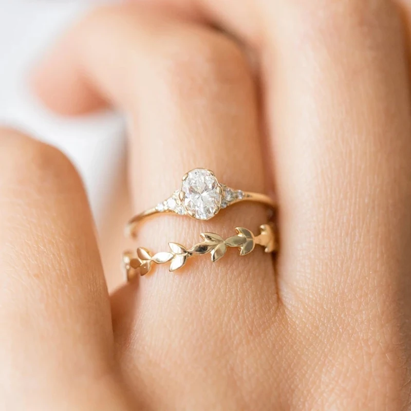 925 Sterling Silver Gold Single Round Zircon Crystal Rings Women Cubic Zirconia Jeweled Leaf Loop Wedding Engagement Ring