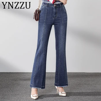 

YNZZU 2019 Autumn New High Waist Jeans Women Elegant Blue Angle-Length Mom Jeans Female Flare Pants Trousers Jeans Mujer AB215