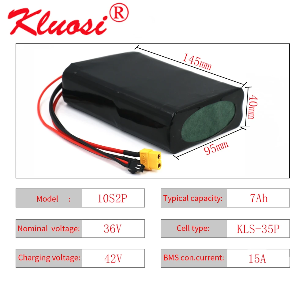

KLUOSI 10S2P 36V 7Ah 450Watt 18650 42V Lithium Ion Battery Pack for Scooter Skateboard Ebike Electric Bicycle 15A BMS XT60 SM 2P