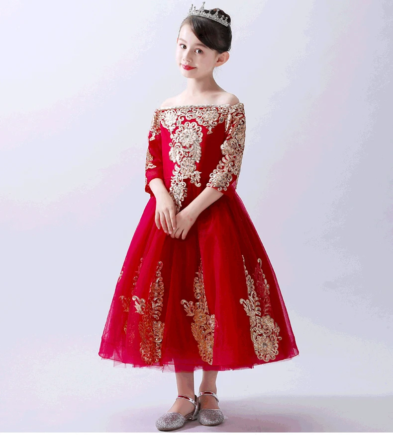 Бальное платье принцессы; Красные Платья с цветочным узором для девочек на свадьбу; с вырезом лодочкой; с открытыми плечами; Роскошные