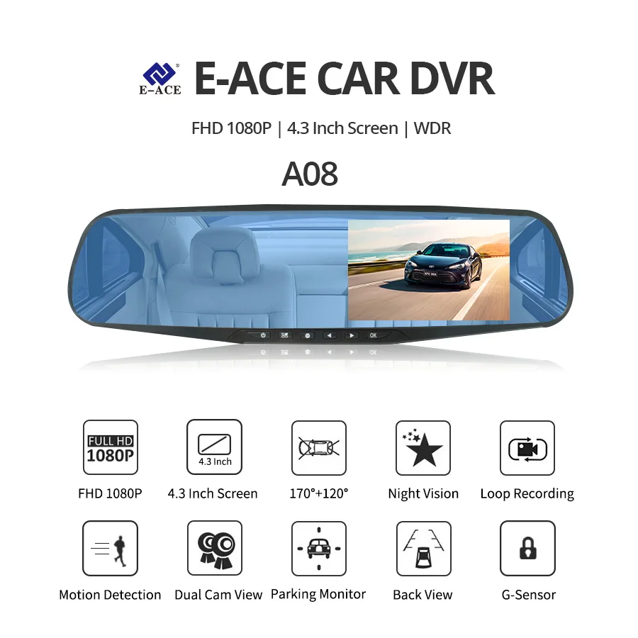 E-ACE, Автомобильный видеорегистратор, зеркальная камера, видеорегистратор с двумя объективами, с камерой заднего вида, FHD 1080 P, авто регистратор, автомобильная камера, видеорегистратор
