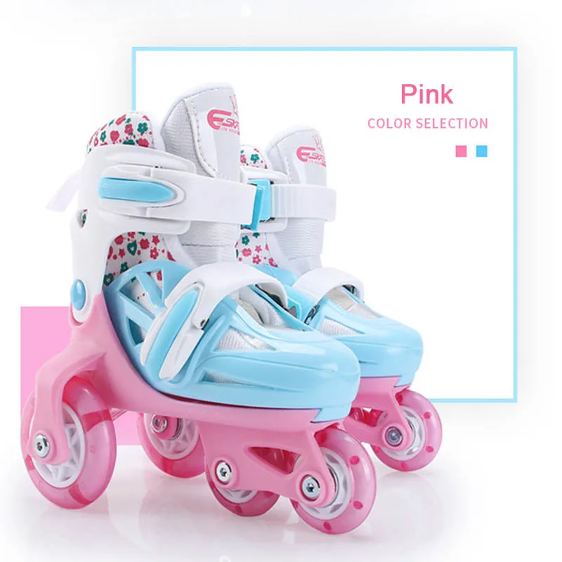 Детские роликовые коньки с 4 колесами, двойные тормоза, регулируемая дышащая обувь для катания на коньках, для начинающих, анти-осенние роликовые коньки с костюмом - Цвет: Pink EUR 25-29