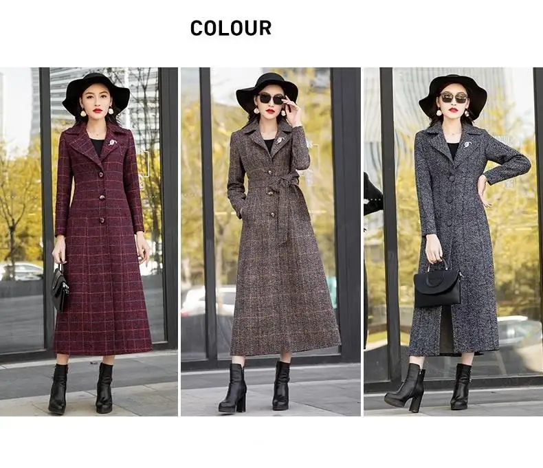 New Autumn Winter Woman Vintage Slim X-Long Plaid Sashes Wool Blend Coat Female Woolen Outwear Abrigos Mujer Invierno R299