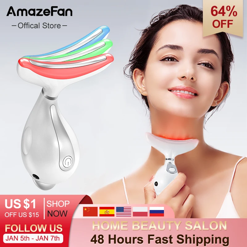 3 Colors Led Facial Neck Massager Led Photon Therapy Heating  Face Neck Wrinkle Removal Machine Reduce Double Chin Skin Lifting