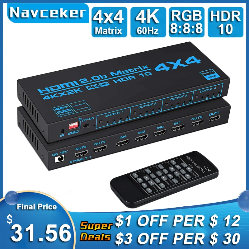 Матричный коммутатор 4x4 HDMI с SPDIF и L/R 3 5 мм HDR HDMI-совместимый 4x 2 Поддержка HDCP ARC 3D 4K @ 60