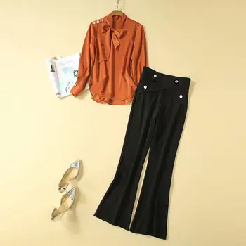 

Elegant Work Suits 2019 Autumn Two Piece Set Women Beading Shoulders Bow Blouses+Full Length Black Pant Set Clothing Female