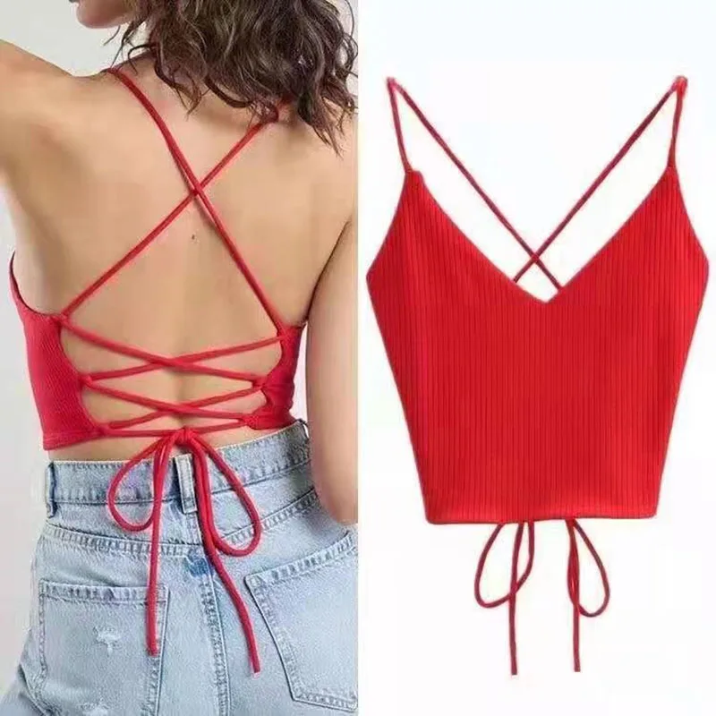 

Sexy Yoga Shirt Women Beautiful Back Cross Tie Rope Knitted Workout Tops Summer Seamless Short Sling Yoga Tank Top