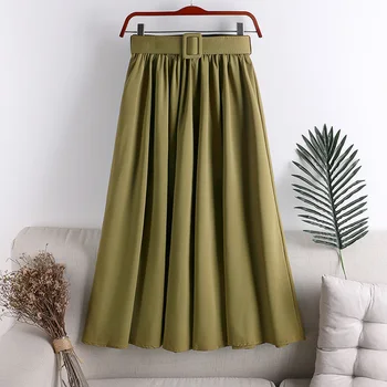 

Elegant Women High Waist A-line Skirt 2020 Spring Summer Black Red All-match Midi Long Skirts With Belt Female