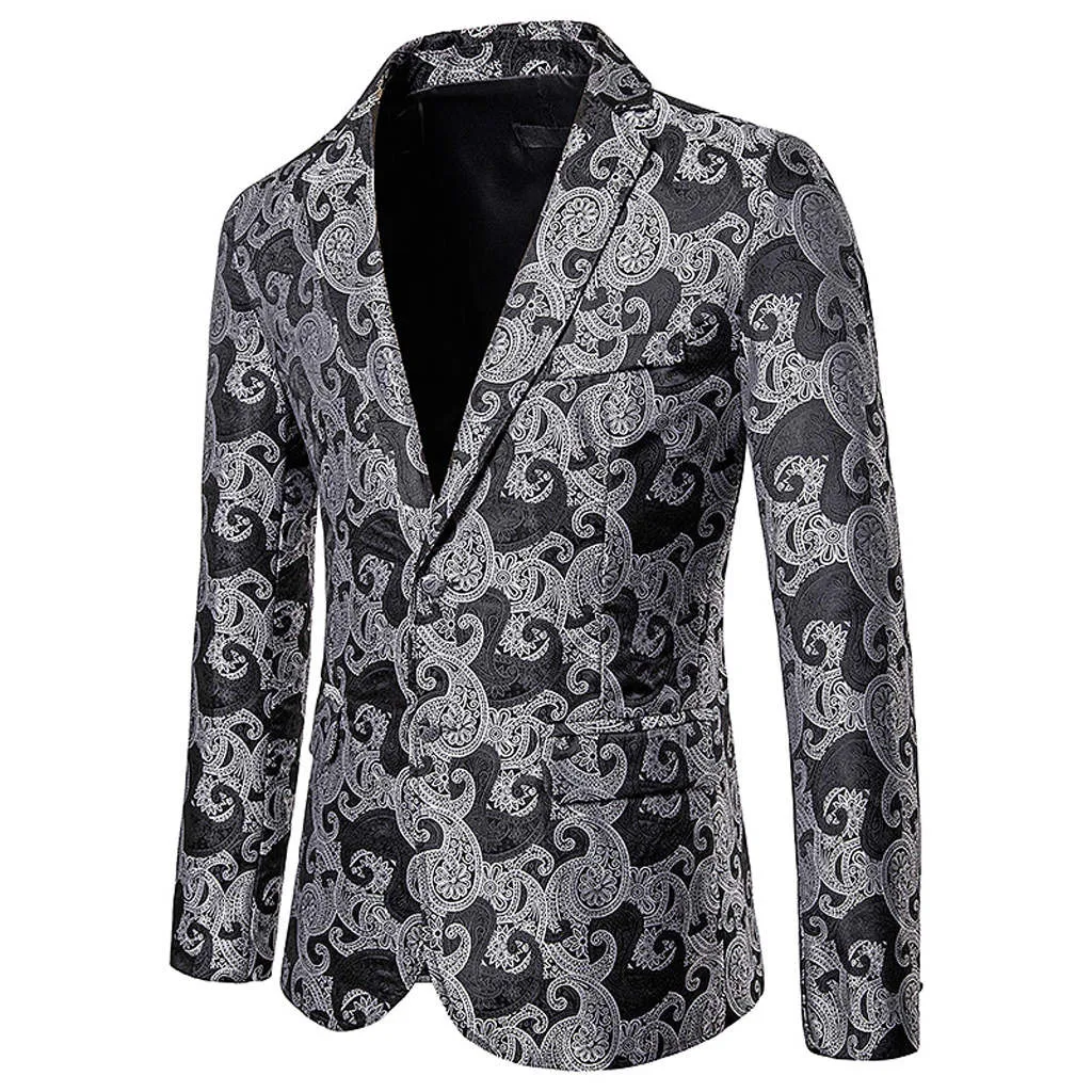 Fashion Men's Autumn Winter Casual Gold Print Button Jacket Long Sleeve Coat Top Men's Fashion Slim Suits Business Casual Blazer