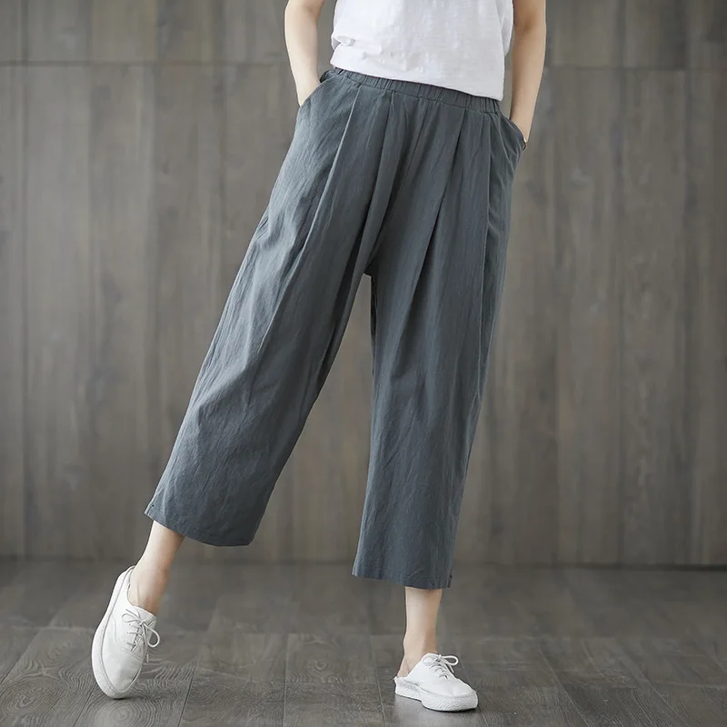 

2019 Summer New Style Cotton Linen Loose And Plus-sized WOMEN'S Dress Loose-Fit Solid Color Harem Pants Capri Pants