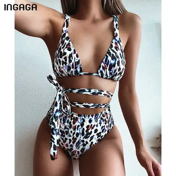 

INGAGA Leopard Bikinis Swimsuits High Waist Swimwear Women Sexy Belted Biquini Bandage Bow Bathers Bathing Suits 2020 Bikini Set