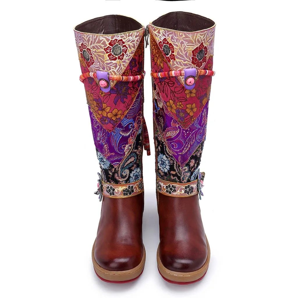Обувь; модные женские ботинки; zapatos de mujer; женские сапоги до колена ручной работы с цветочным узором и разноцветным узором; обувь до середины икры