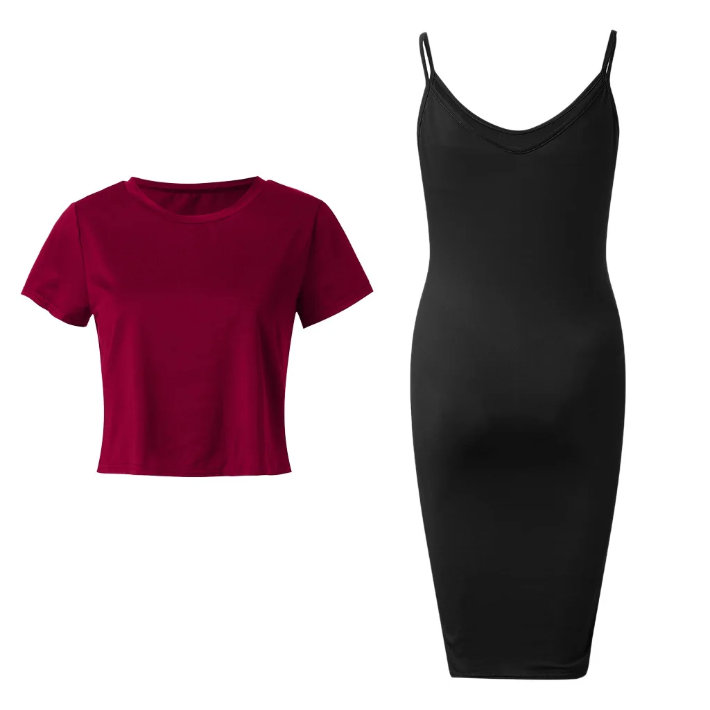 Maternity suit Solid color Round neck T-shirt Sling Spring and summer new style Two-piece set Maternity skirt