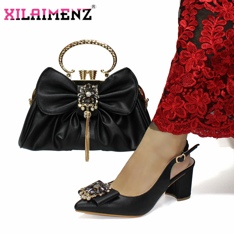 High Quality with Shinning Crystal in Black Color Nigerian Design African Women Shoes and Bag to Match for Wedding Party | Обувь