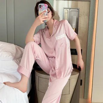 

Solid Colors Short Sleeve Embroidered Home Suit Short Sleeve Cardigan Tops with Long Pants Women Pajamas Set Saten Pijama