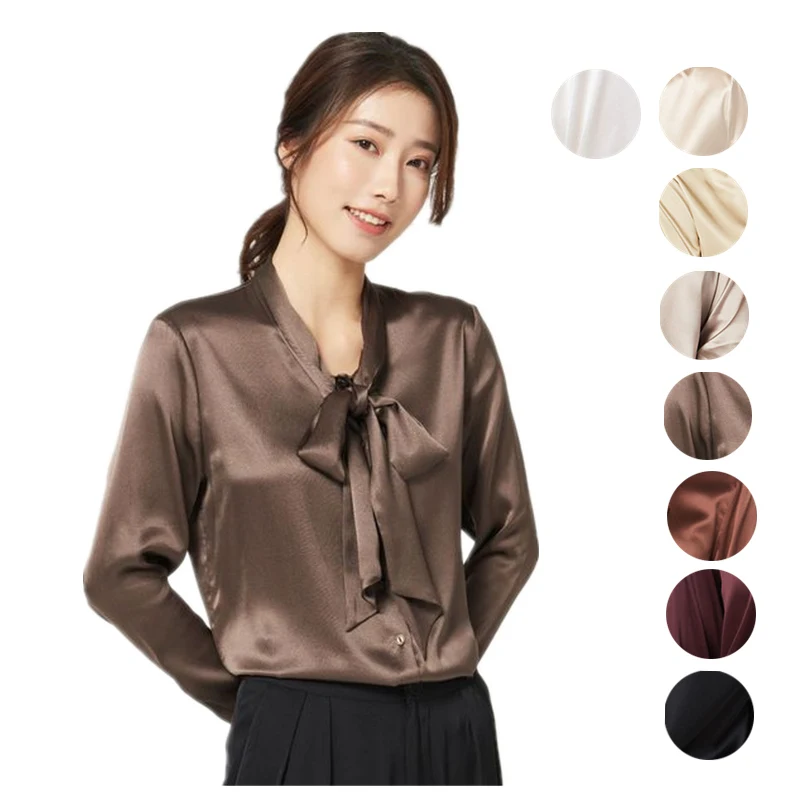 

Birdsky, 1PC Women long sleeve shirts blouse shirt Top office lady 95% mulberry silk 5% spandex satin solid colors. S-224