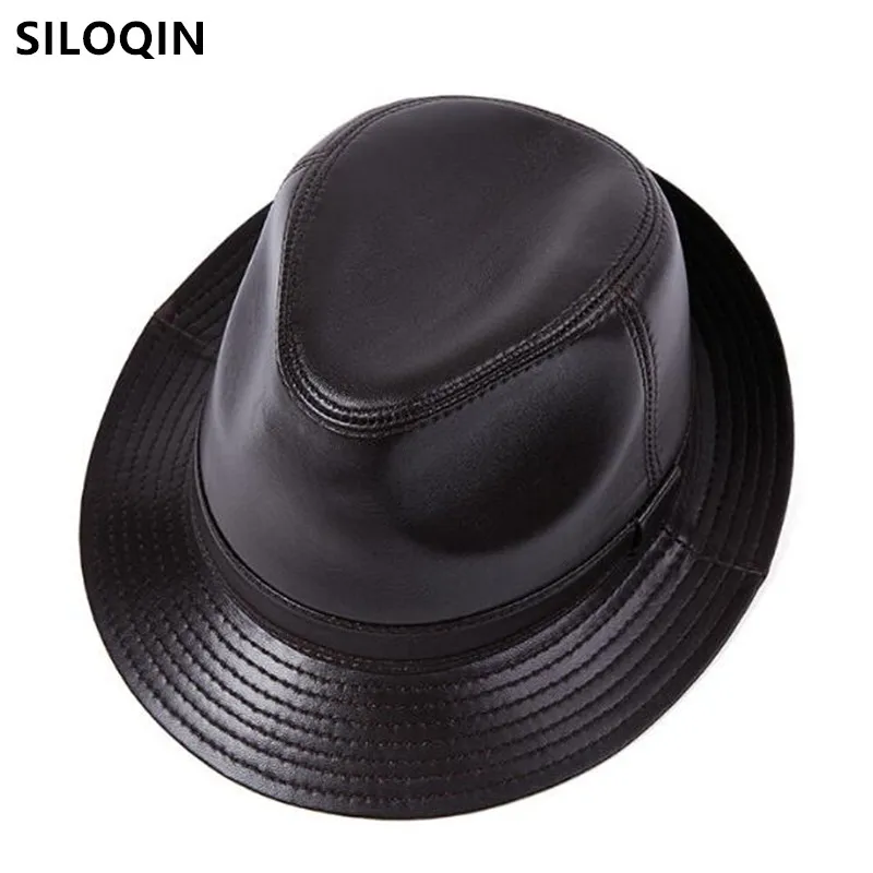 

SILOQIN natural cowhide sheepskin leather fedoras british style casual genuine leather cap couple hat Jazz hat brand leather cap