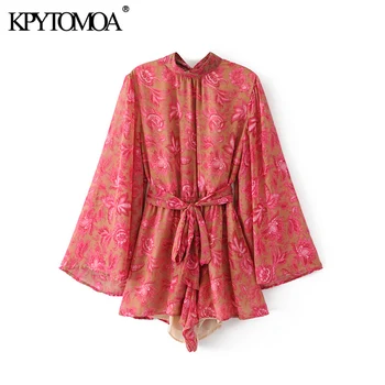 

KPYTOMOA Women Boho Fashion Floral Print Bow Tie Sashes Playsuits Vintage Flare Sleeve Backless Beach Female Short Jumpsuits