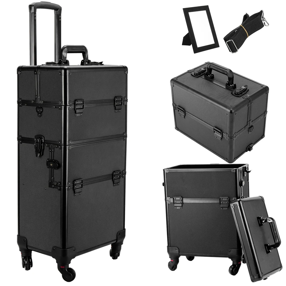 

3 in 1 Professional Artist Rolling Trolley Makeup Train Case Aluminum Cosmetic Organizer Makeup Case with 360-degreed Wheels