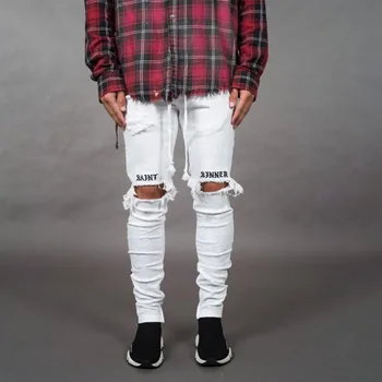 

Denim Hole Jeans Side Striped Patchwork Men's Pants Streetwear Letter Pencil Trousers Men Spliced Hip Hop Zipper Skinny Jean