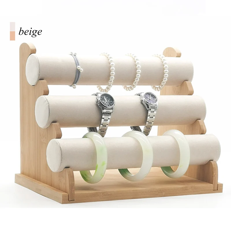 Bamboo Beige Three-layers Bracelet Watch Display Stand Bracelet Watch Necklace Head Rope Storage Rack Hair Ring Jewelry Displays