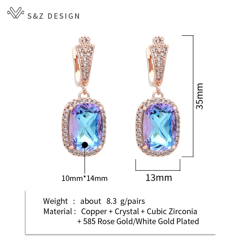 S&Z DESIGN New Square Crystal Dangle Earrings 585 Rose Gold Color For Women Wedding Jewelry Cubic Zirconia Eardrop