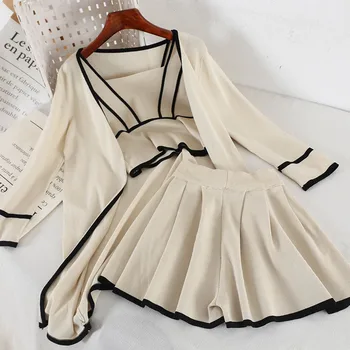 

summer new three pieces women skirts sets solid knitted cardigan and skirts A-line mini female lady skirts suits top quality