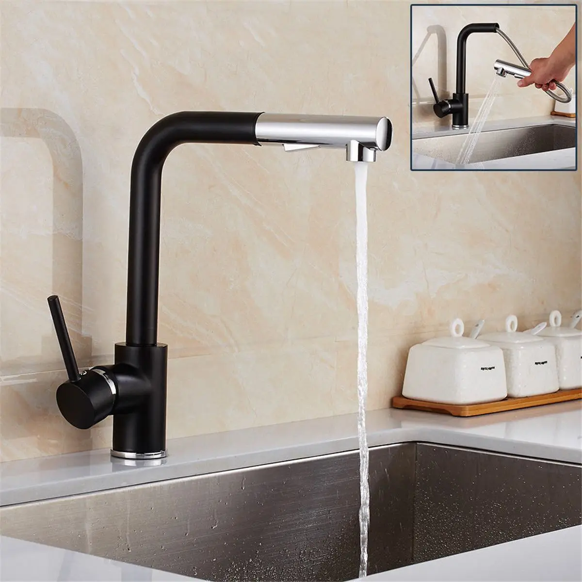 Brass Pull Out Spray Faucet Kitchen Sink Basin Mixer Tap Rotating Hot and Cold Water Tap Single Hole Bathroom Kitchen Fixture