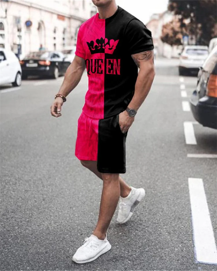Mannen Sport Pak T-shirt + Shorts Workout Kleding 2 Stuk Set Van Vlam 3D Effen Kleur Afdrukken Korte mouwen Sportkleding | Мужская