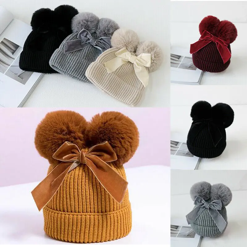 

Kids Stuff Double Pompom Hat Winter Knitted Baby Kids Girl Hat Warm Thicker Children Beanie Infant Bonnet Cap Casquette Enfant