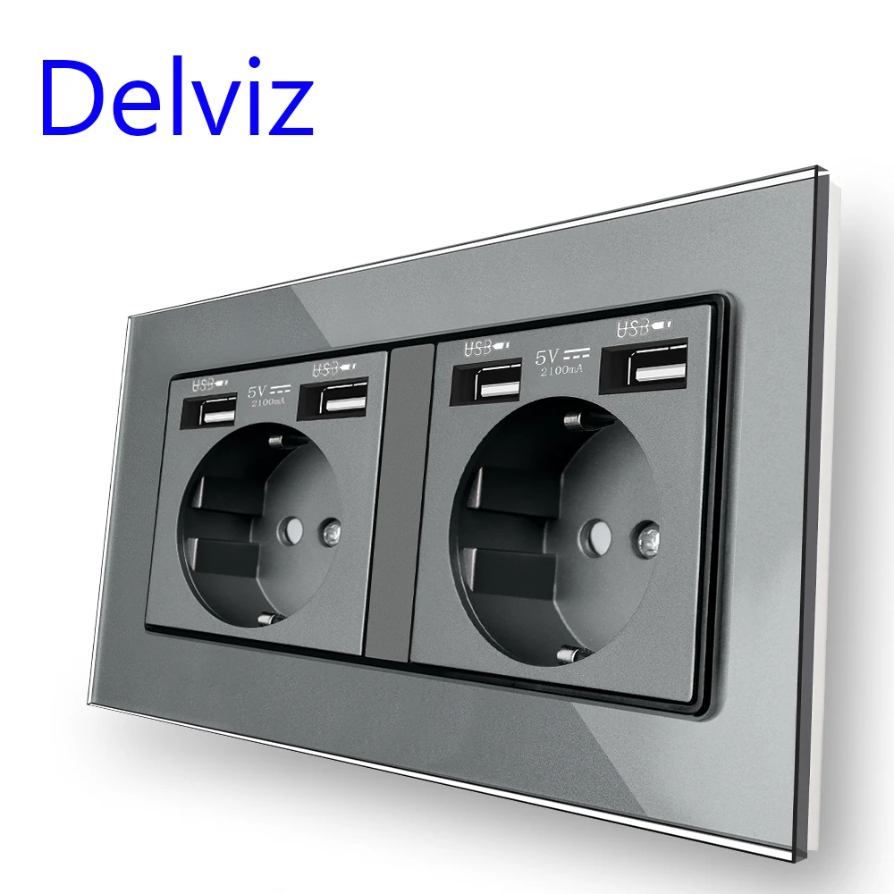 Delviz Double Power Socket, Tempered Crystal Glass Panel, USB charging interface, 146mm x 86mm, EU standard Wall Embedded socket