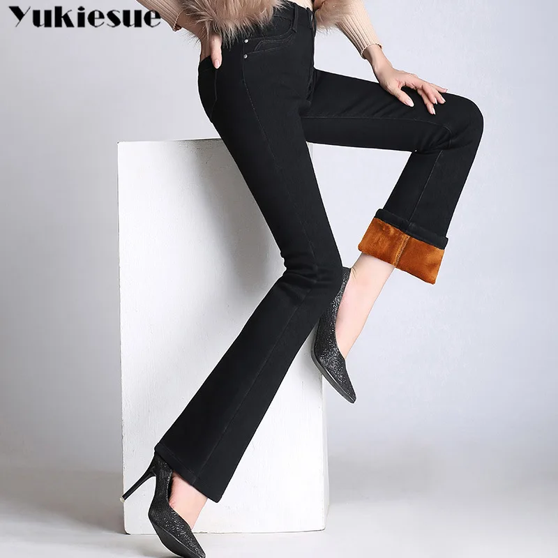 

high waist womans jeans woman 2019 winter warm fleece thick womens denim flare jeans for mom black jean femme donna Plus size