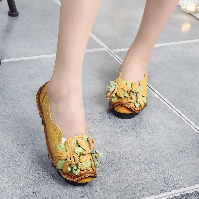 2024 Spring Genuine Leather Handmade Flat Shoes Women Loafers Round Toe Solid Color Flat Shoes Women's Soft Comfortable Shoes