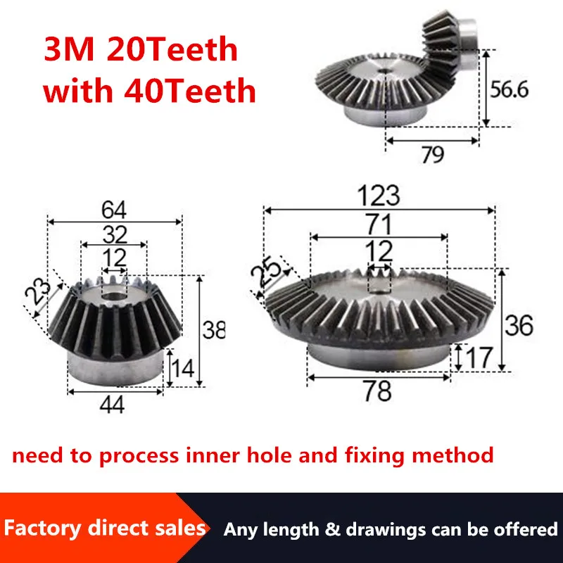 2pcs12BevelGear3Modulus20Teeth40teethInnerHole12mm90Degree