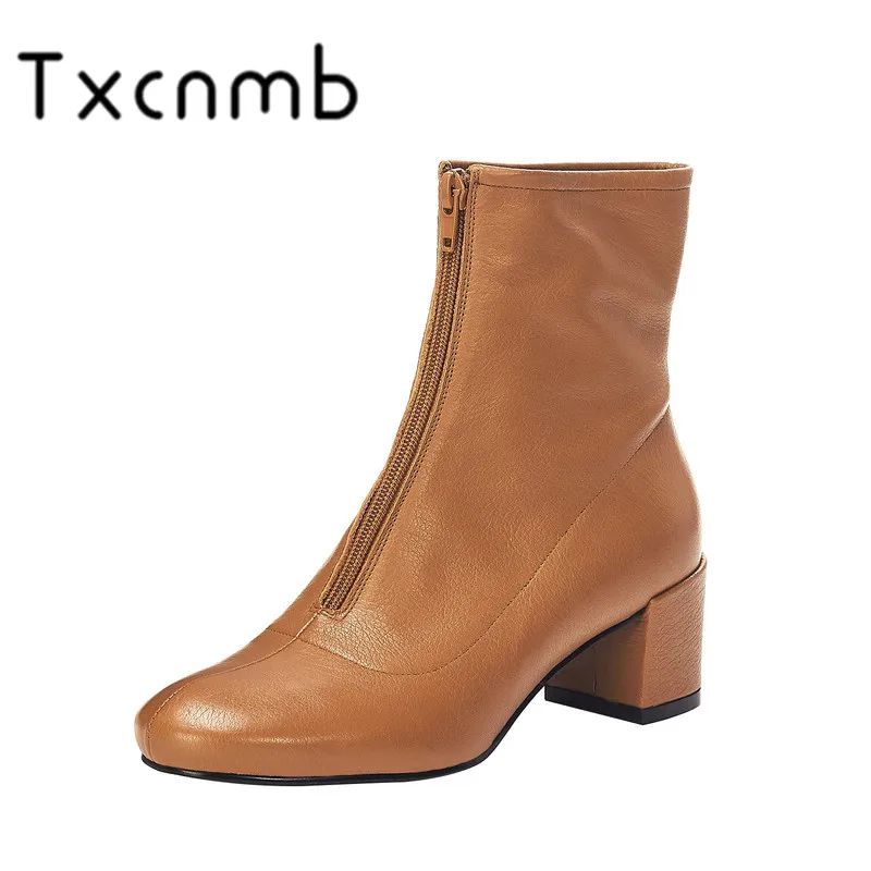 

TXCNMB Women Ankle Chelsea Boots Genuine Cow Leather Black Booties Round Toe Square Heels Zipper Casual Brand Women Shoes