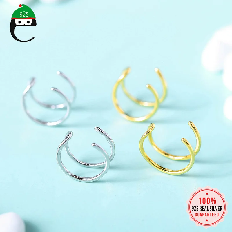 

ElfoPlataSi 100% 925 Real Sterling Silver Double Layer Ear Cuff Clip on Earring for Girl Without Piercing Earing Jewelry ED290
