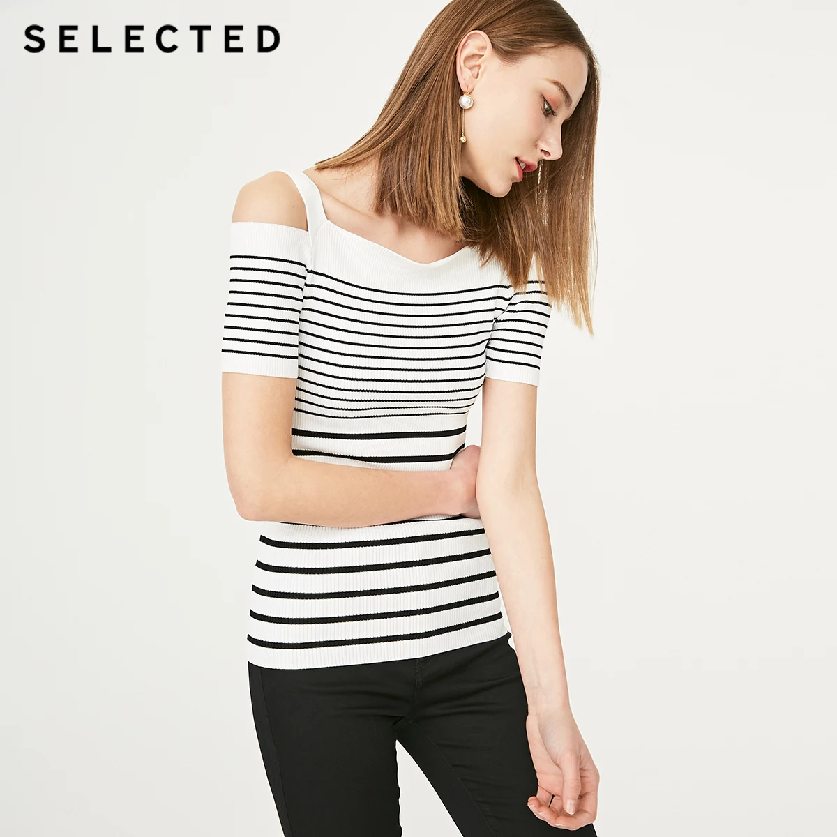 SELECTED Women's Stripe Print Boat Neck Shoulder Strips Knit Tops S|419224506 | Женская одежда