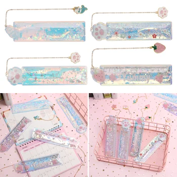 

1PC Creative Cartoon Oil Sand Ruler PVC Drawing Ruler Cute Girl Stationery Scale Student Pendant Bookmark Quicksand Ruler