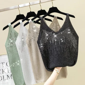 

gkfnmt 2020 Summer Diamond V-neck Knit basic Tank Top Women Cami Korean Camisole Elastic Vest Knit Sexy Tops Female Camis