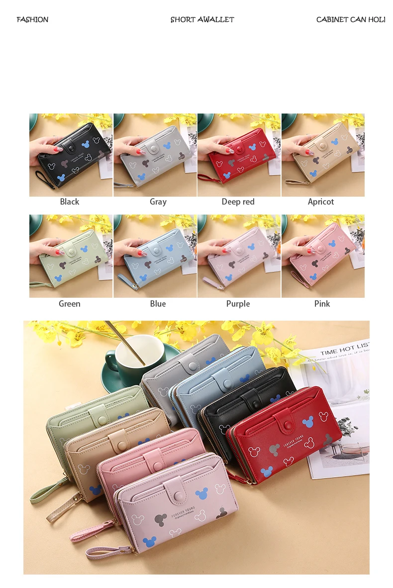 Lovely Mickey Cartoon PU Leather Lady Long Hand Holding Large-Capacity Card Holder Women`s Wallet Girl Fashion Mobile Phone Bag